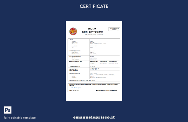 stile verificato Certificato di nascita dello stato di stato del Bhutan Modello 